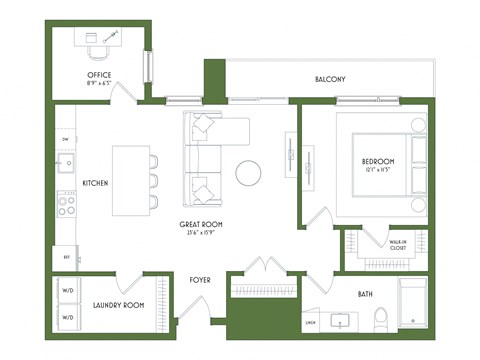 Floor plan for 1 bed, 1 bath, 914 sqft